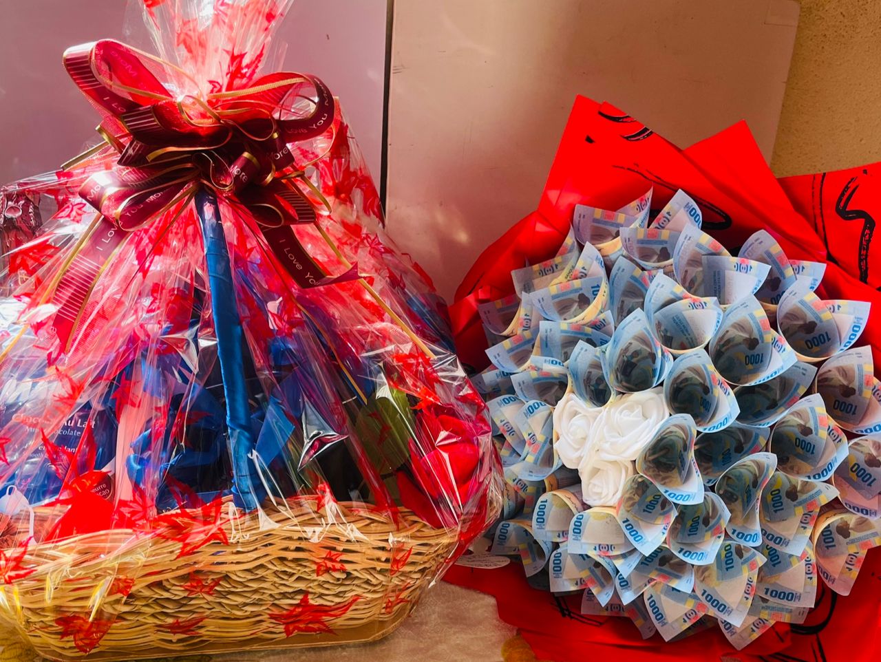Money bouquet and gift basket combination by B-Unique